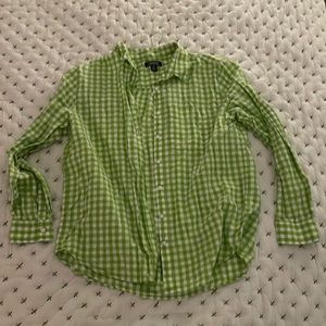 Lands End Ladies long sleeve green gingham button down shirt